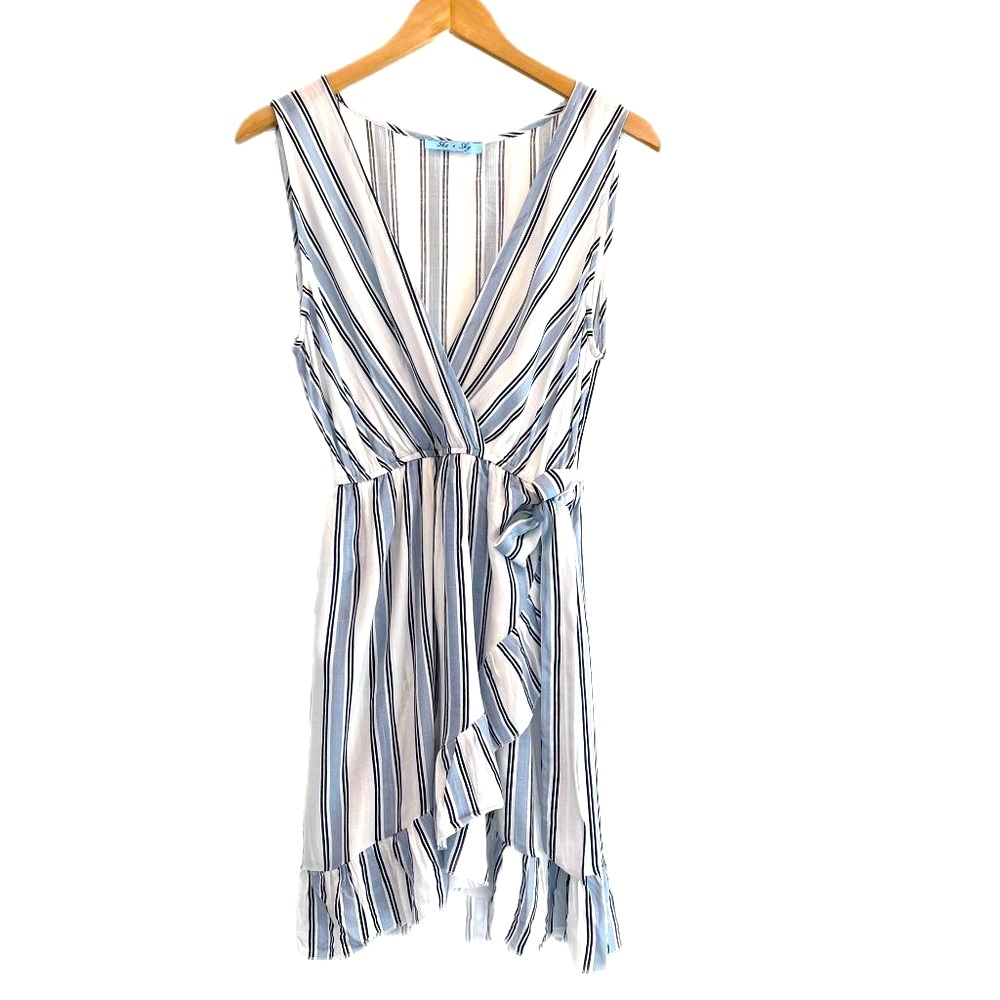 Striped Blue and White Wrap Dress with Ruffle Hem